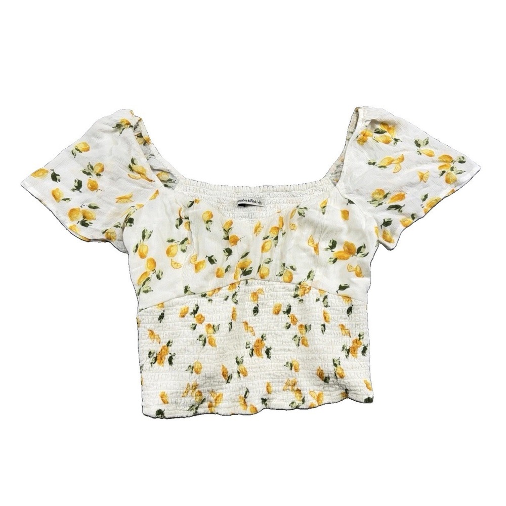 Abercrombie & Fitch Lemon Print Smocked Crop Top Size L Boho Preppy Coquette
